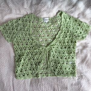Pistachio Green Crochet Tie-Front Crop Top Cotton
